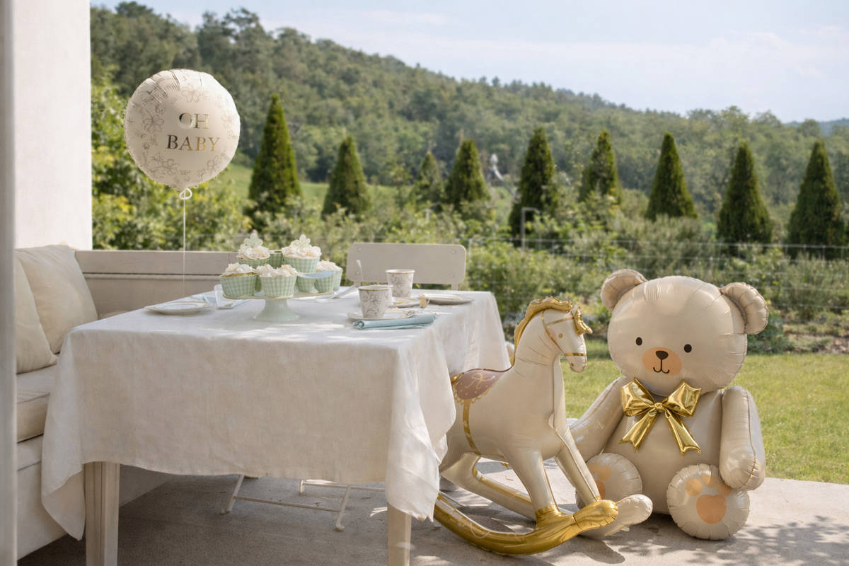 baby birthday setup with bear rocking horse and foil balloon