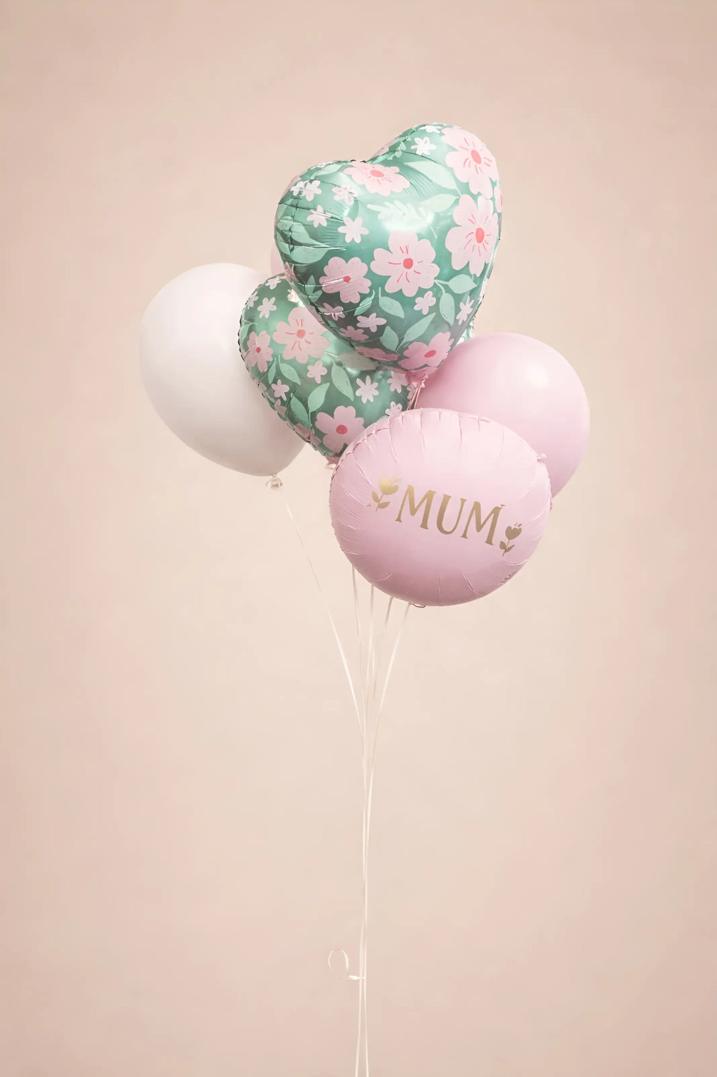 Decorative heart balloons with floral patterns and 'MUM' text personalised message