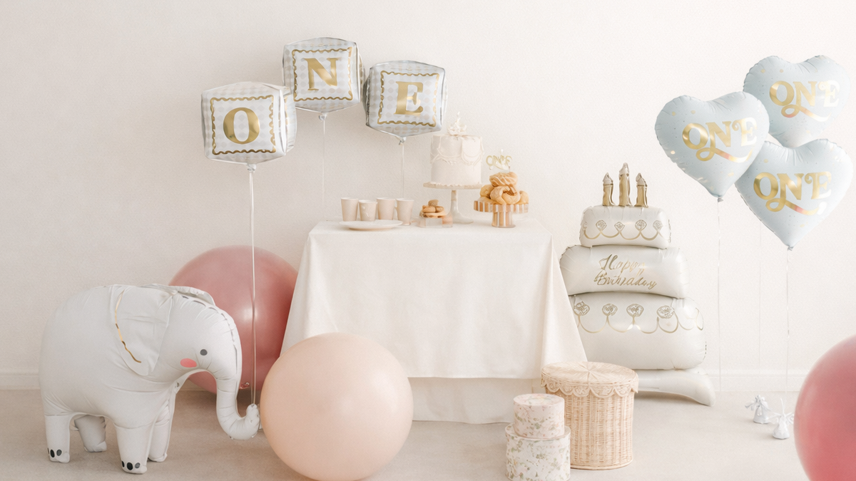 foil balloon elephant foil cake foil candles foil heart foil cube with one written