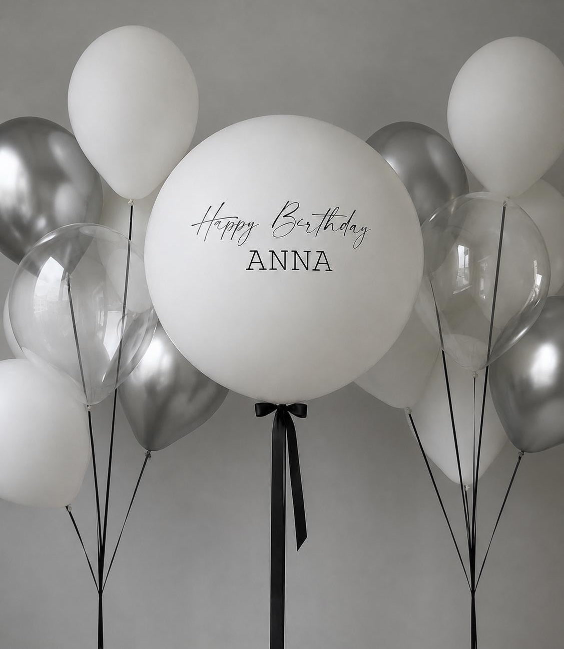 Personalised white jumbo helium balloon with silver, white and clear balloons