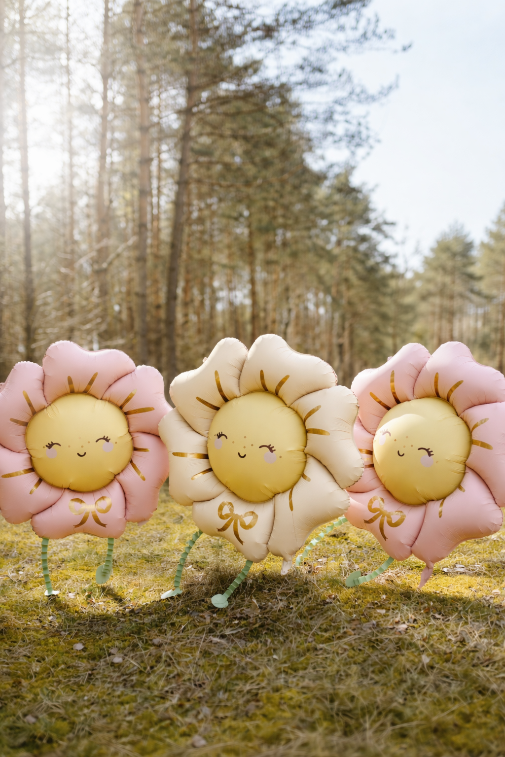 Three foil sunflowers balloons with smiling faces for birthday and celebrations