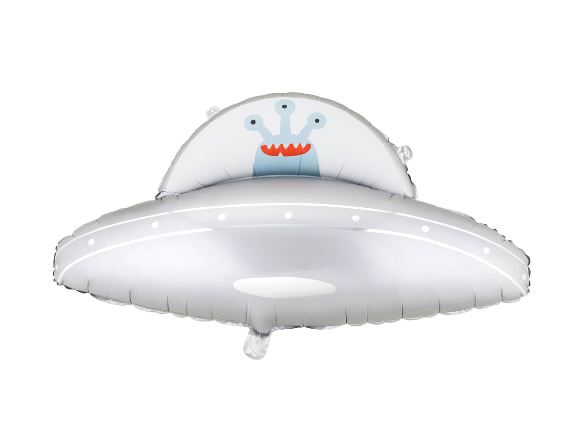The UFO Edit silver flying saucer foil balloon featuring a cute blue alien peeking out, perfect for kids' space-themed birthday celebrations.