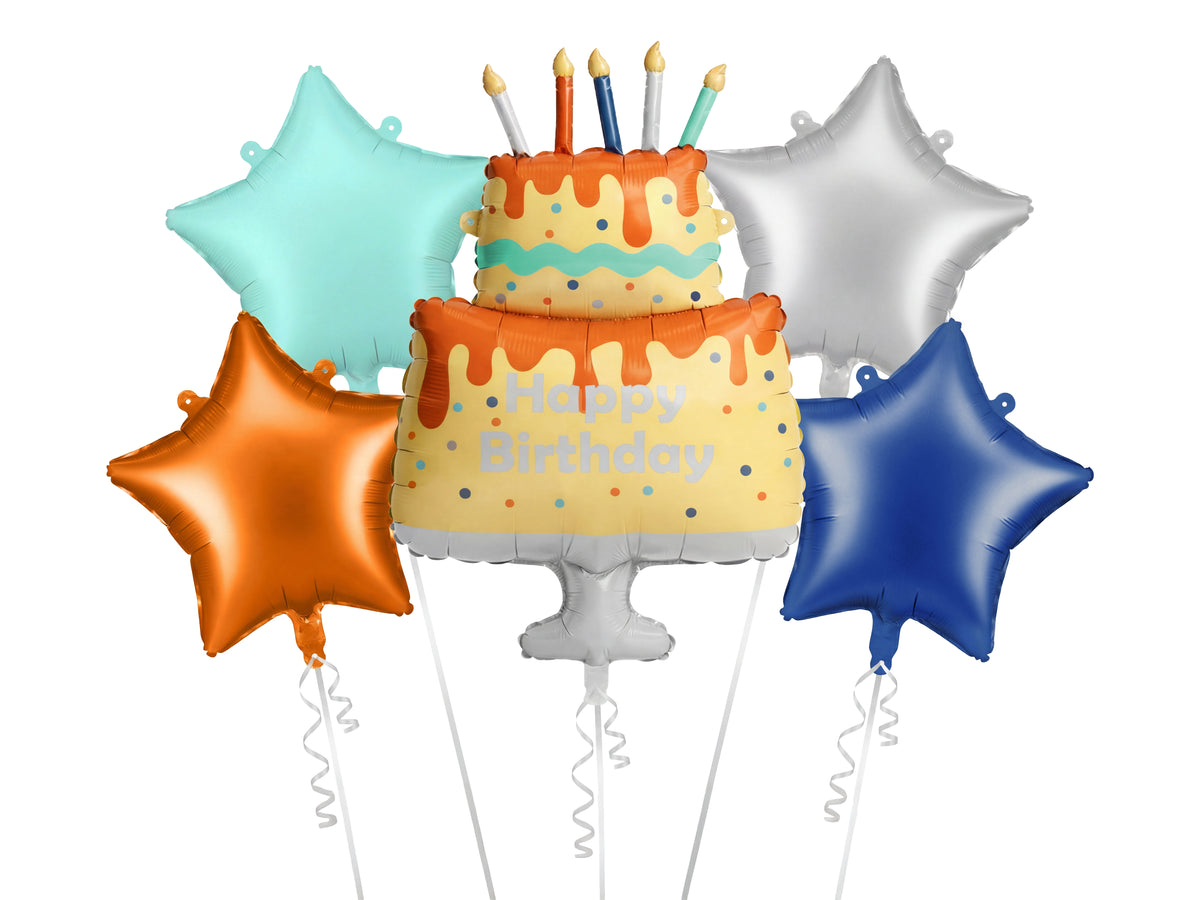 The Birthday Bash Edit helium balloon bouquet featuring a colourful Happy Birthday cake foil balloon surrounded by orange, mint green, silver and royal blue star balloons.