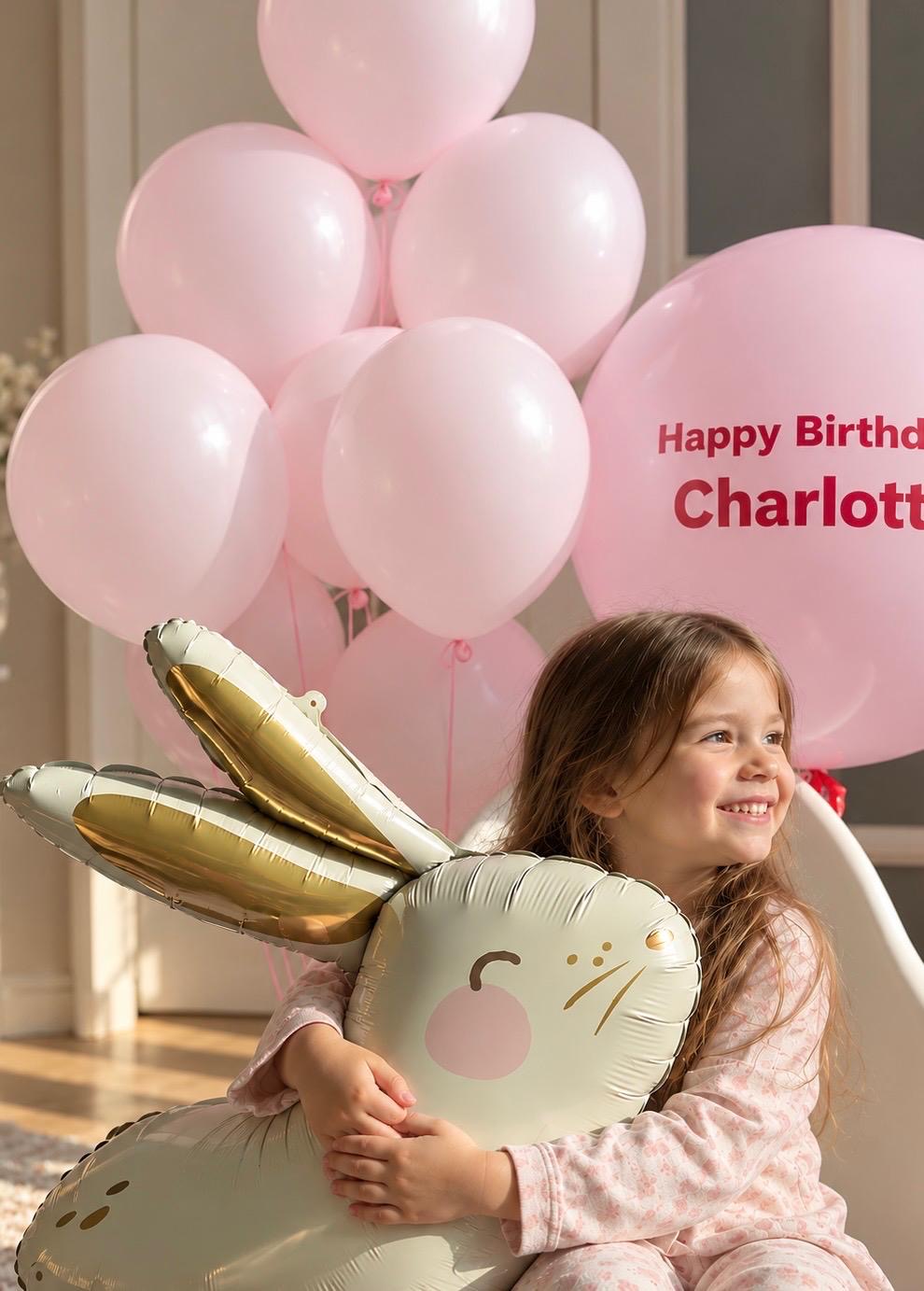 The Bunny Wish Edit birthday balloon arrangement featuring a bunny foil balloon, soft pink helium balloons and a personalised jumbo birthday balloon.