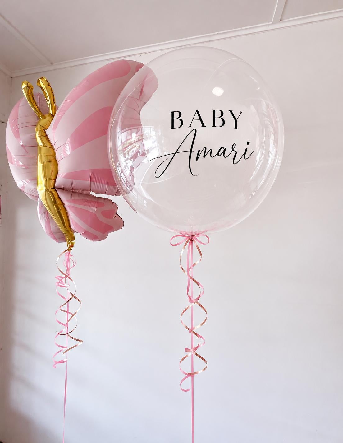 Personalised clear bubble balloon with pink butterfly foil balloon – The Flutter Edit, Adelaide balloon delivery