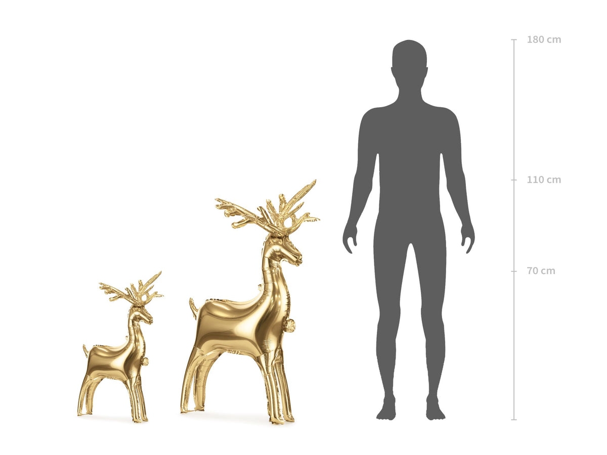 Size comparison showing two metallic gold standing Christmas reindeer foil balloons in different sizes alongside a 180 cm human silhouette.