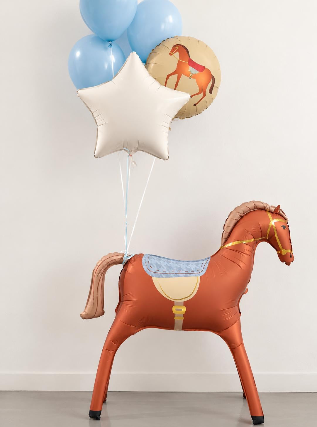Horse birthday balloon arrangement with blue latex balloons, white star and pony foil balloon β Adelaide balloon delivery