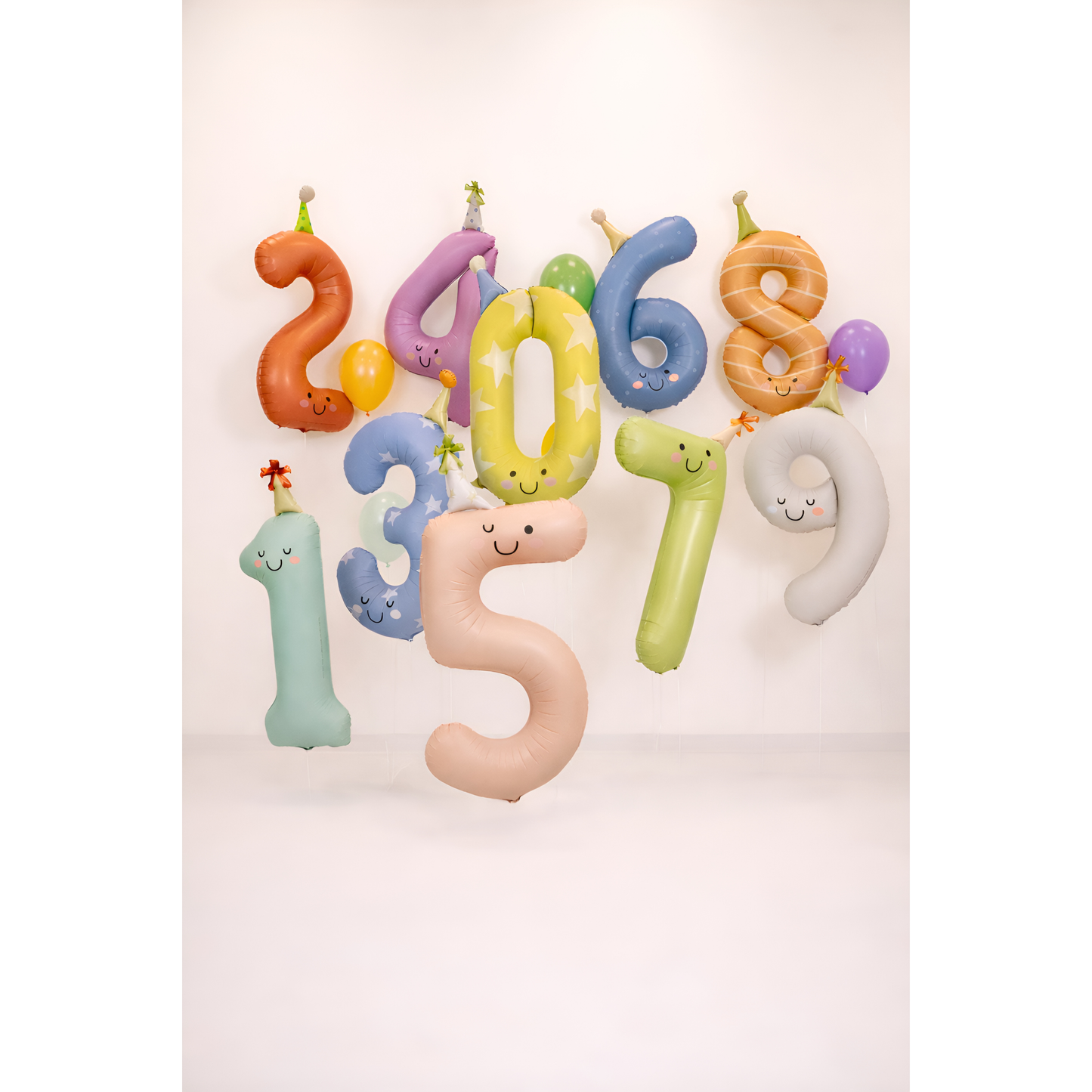 Colorful number-shaped balloons with faces
