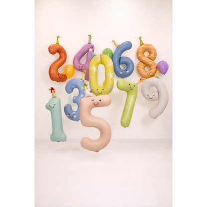 Colorful number-shaped balloons with faces