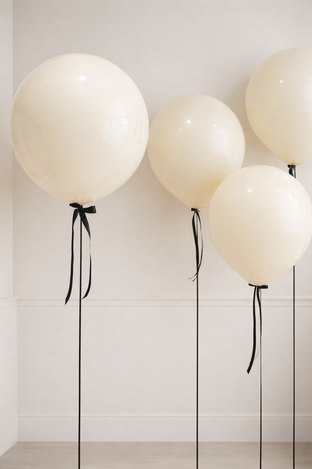 White balloons with black ribbons against a light-colored wall