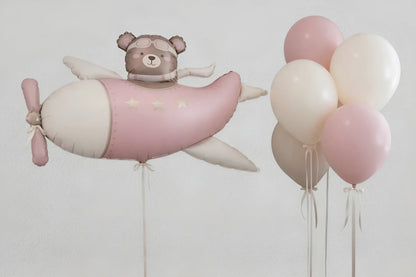 Pink airplane-shaped balloon with a teddy bear and balloons for birthday in Adelaide 