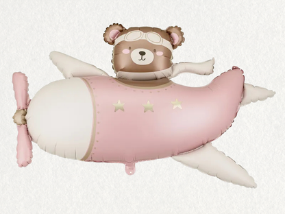Pink airplane-shaped balloon with a teddy bear and balloons for birthday in Adelaide 
