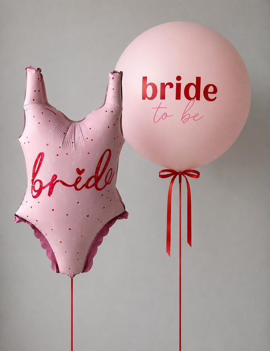 Pink bride to be helium balloon set with bridal swimsuit foil balloon and personalised jumbo balloon.