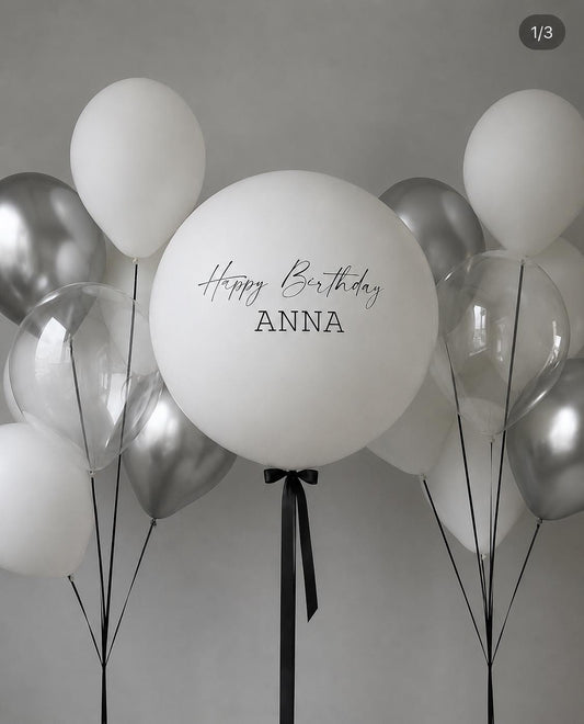 Personalised white jumbo helium balloon with silver, white and clear balloons