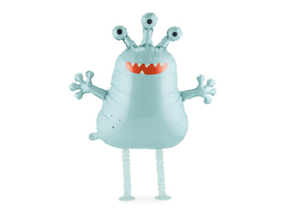 The Alien Edit pastel blue alien foil balloon featuring three eyes, playful outstretched arms, a cheerful orange smile and dangling legs.