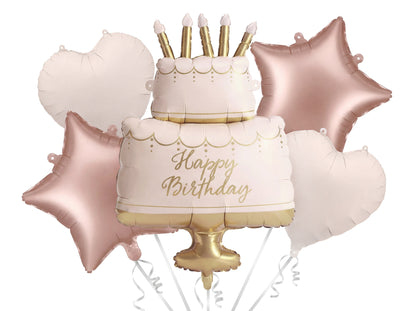 The Birthday Cake Edit helium foil balloon bouquet featuring a cream and gold birthday cake balloon, rose gold star balloons and ivory heart balloons.