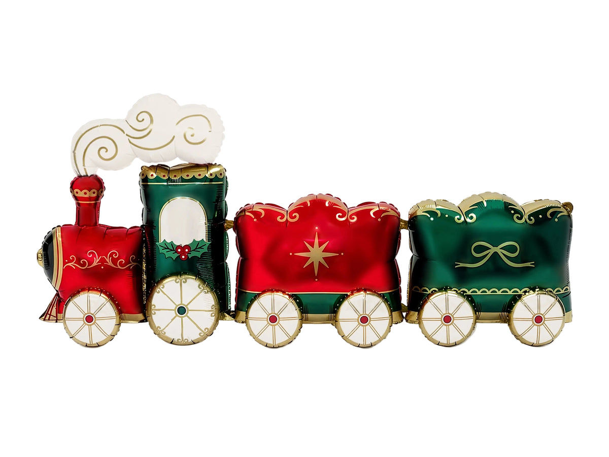 The Christmas Express Edit oversized standing Christmas train foil balloon in festive red, emerald green and gold, featuring three carriages, decorative wheels and a steam locomotive.