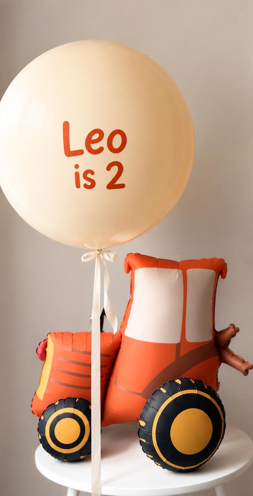 Personalised jumbo birthday balloon with standing vehicle balloon – The Custom Wheels Edit, Adelaide balloon delivery