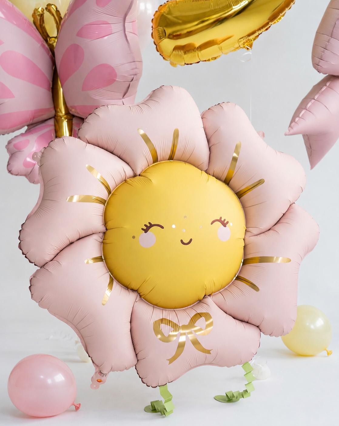 Pink daisy flower balloon with butterfly balloon bouquet personalised for birthdays, helium filled and delivered in Adelaide.