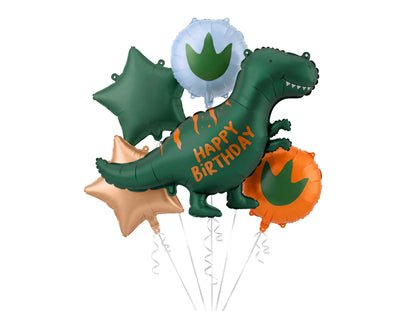 The Dino Roar Edit helium balloon bouquet including a green Happy Birthday dinosaur foil balloon, dinosaur footprint balloons and coordinating green and champagne gold stars.