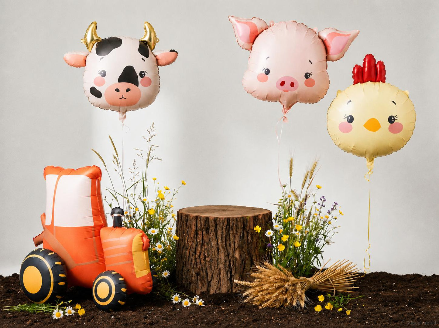 Farm animal balloon bouquet featuring cow, pig and chicken helium balloons with an air-filled tractor, delivered inflated in Adelaide.