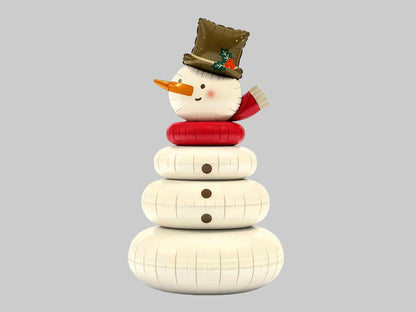 The Frosty Edit giant standing Christmas snowman foil balloon featuring a cheerful snowman with a festive top hat, red scarf and white rounded body, displayed beside a Christmas tree.