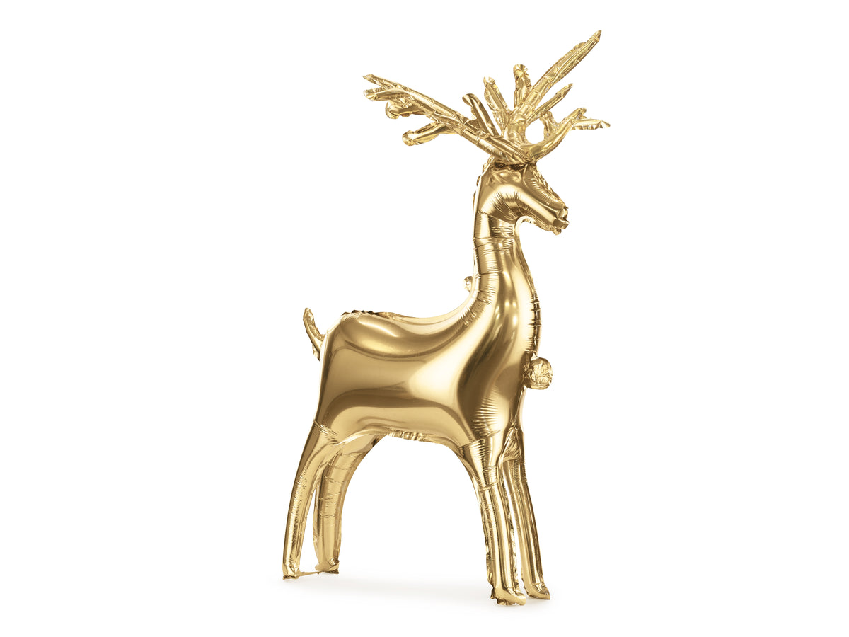 Metallic gold standing Christmas reindeer foil balloon featuring beautifully detailed antlers, an elegant silhouette and a reflective gold finish.