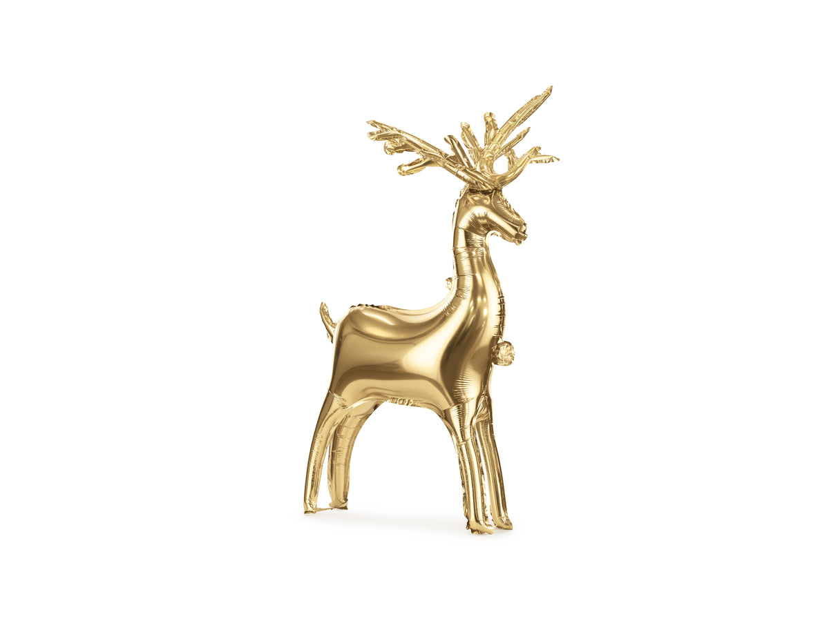 The Golden Reindeer Edit luxury gold Christmas reindeer balloon with intricate antlers and a freestanding design, perfect for festive decorations.