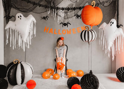 Halloween ghost and pumpkin helium balloons with black, white and orange styling – Halloween balloon delivery Adelaide