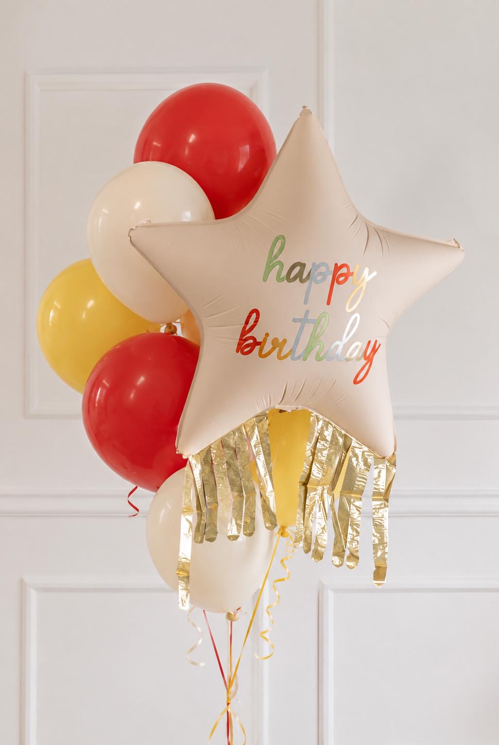 Happy Birthday star balloon with red, yellow and ivory helium balloons – The Joy Edit, Adelaide balloon delivery