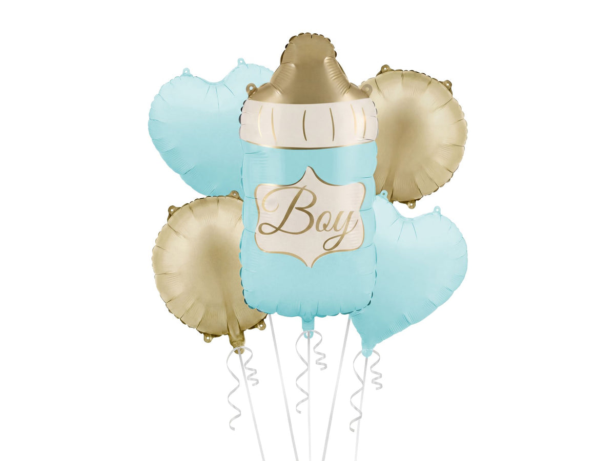 The Little Bundle Edit Baby Boy helium balloon bouquet featuring a blue baby bottle foil balloon with gold Boy lettering, two blue heart balloons and two champagne gold round balloons.