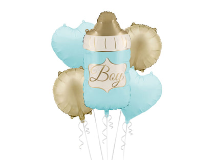 The Little Bundle Edit Baby Boy helium balloon bouquet featuring a blue baby bottle foil balloon with gold Boy lettering, two blue heart balloons and two champagne gold round balloons.