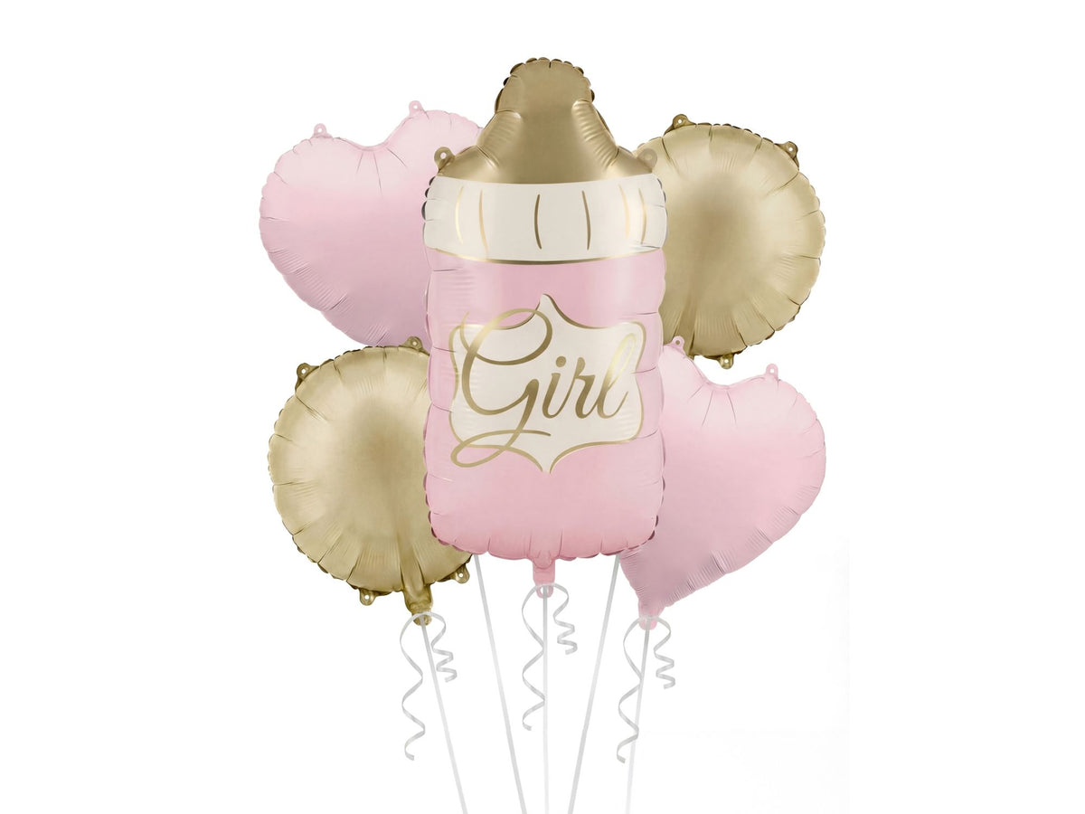 The Little Bundle Edit Baby Girl helium balloon bouquet featuring a pink baby bottle foil balloon with gold Girl lettering, two blush pink heart balloons and two champagne gold round balloons.