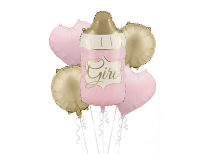 The Little Bundle Edit Baby Girl helium balloon bouquet featuring a pink baby bottle foil balloon with gold Girl lettering, two blush pink heart balloons and two champagne gold round balloons.