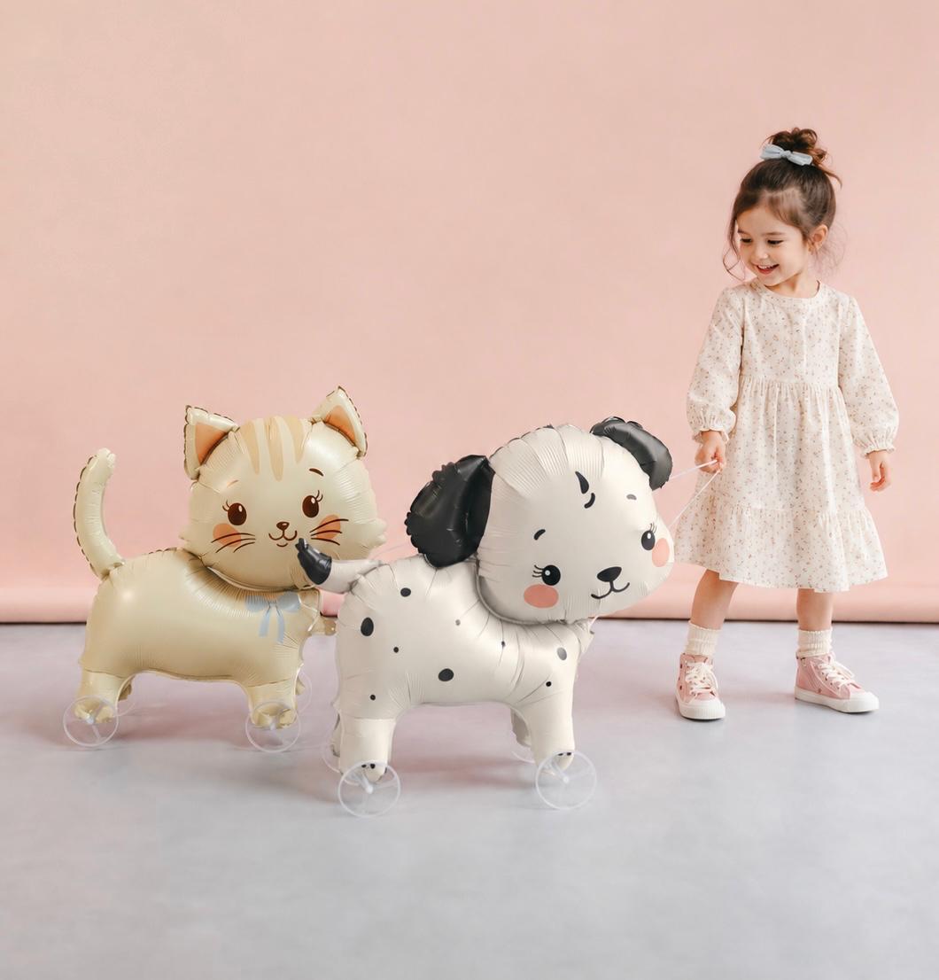 Air-filled walking cat and dog foil balloons on wheels for kids, delivered inflated in Adelaide.