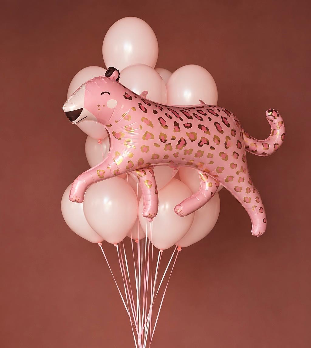 The Pink Leopard Edit birthday balloon arrangement featuring a pink leopard foil balloon with metallic gold spots and soft blush pink helium balloons.