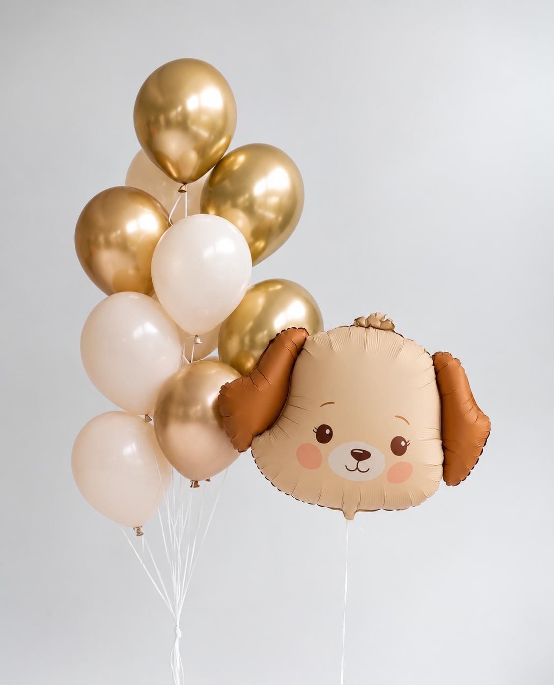 Cute puppy balloon with gold, ivory and white helium balloon bouquet for birthday celebrations in Adelaide