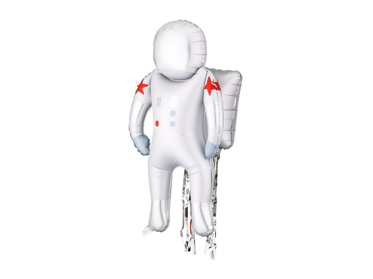 The robot Edit silver and pastel blue robot foil balloon featuring oversized eyes, a red antenna, mechanical details and playful dangling legs.