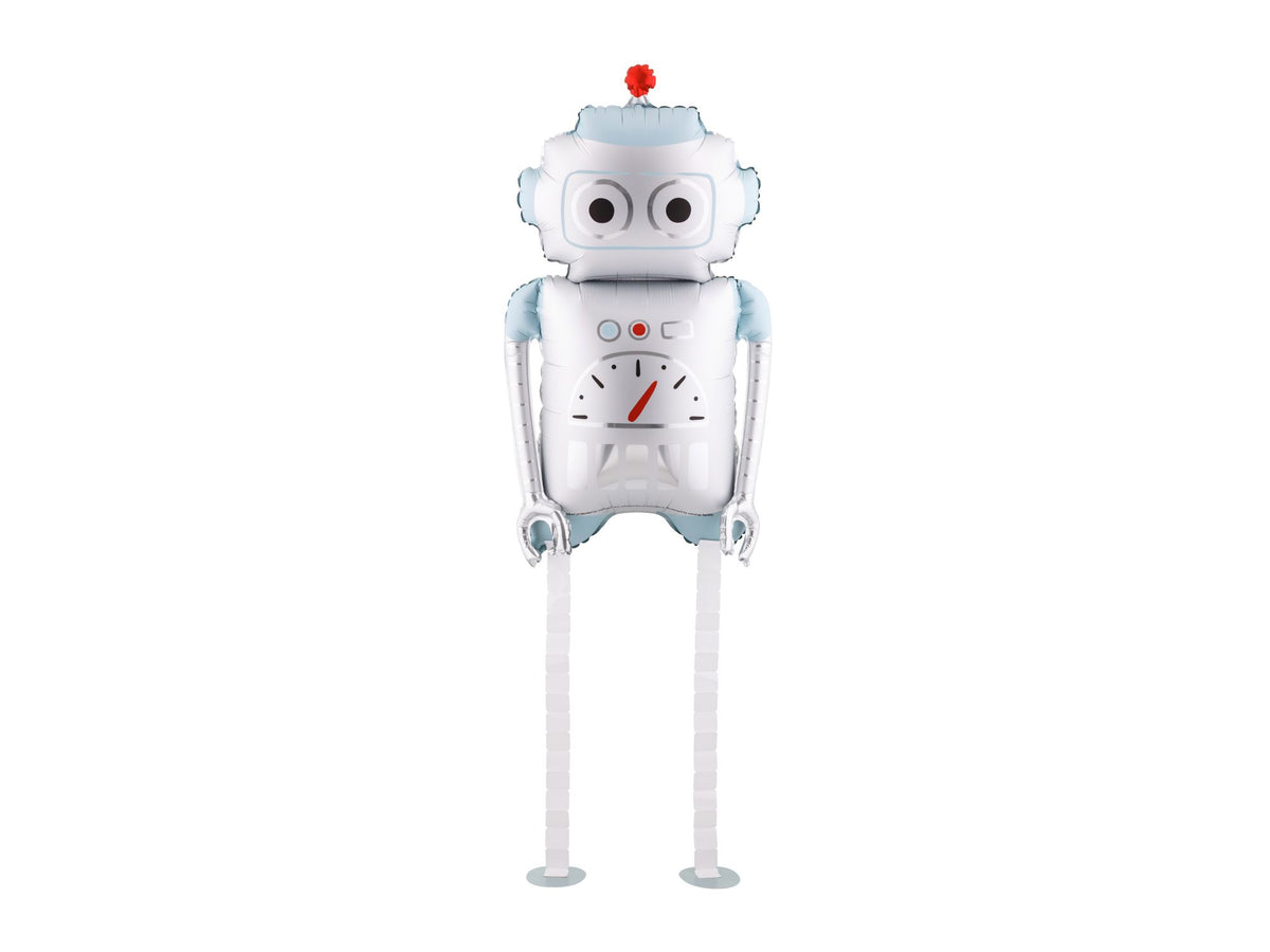 The Space Edit silver and blue robot foil balloon featuring oversized eyes, a red antenna and playful mechanical details.
