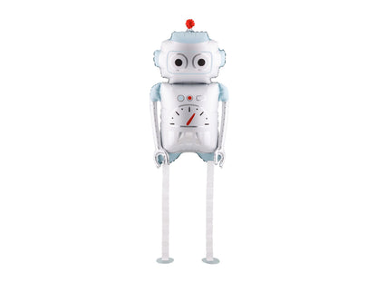 The Space Edit silver and blue robot foil balloon featuring oversized eyes, a red antenna and playful mechanical details.