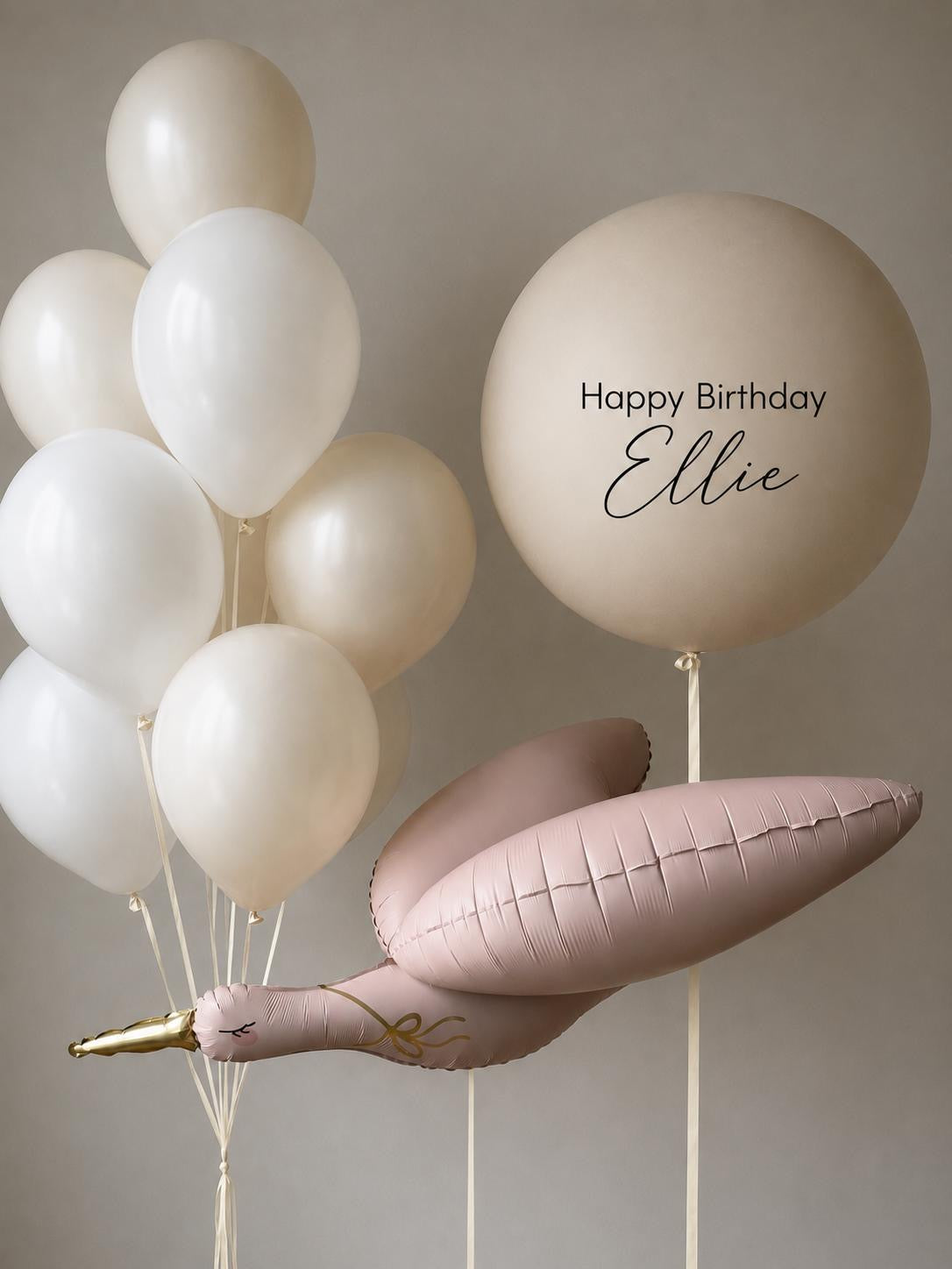 The Swan Edit personalised neutral birthday balloon arrangement with pink swan balloon
